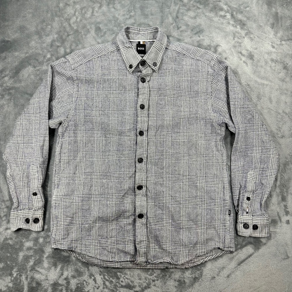 BOSS Hugo Boss Mens Relaxed Fit Glen Plaid Button Down Shirt Blue White M